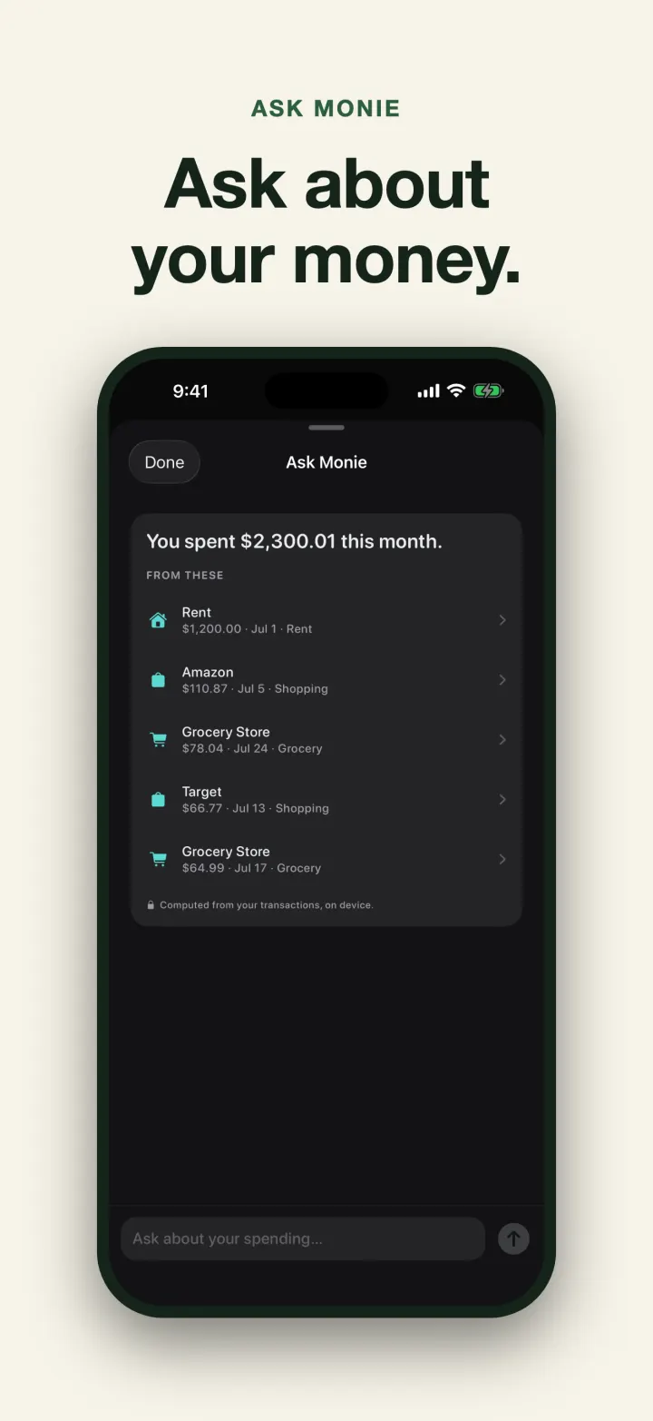 Ask Monie answering a spending question with the supporting transactions listed below
