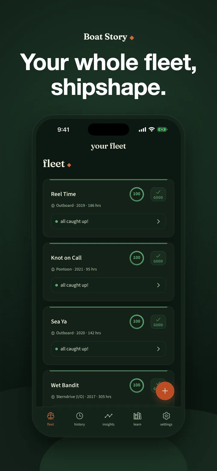 Boat Story fleet dashboard with condition scores and maintenance status for four boats