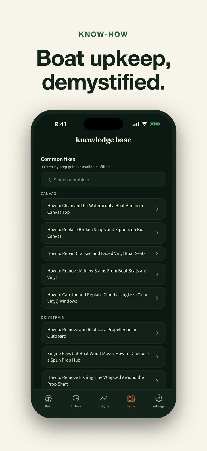 Boat Story searchable knowledge base with step-by-step boat upkeep guides