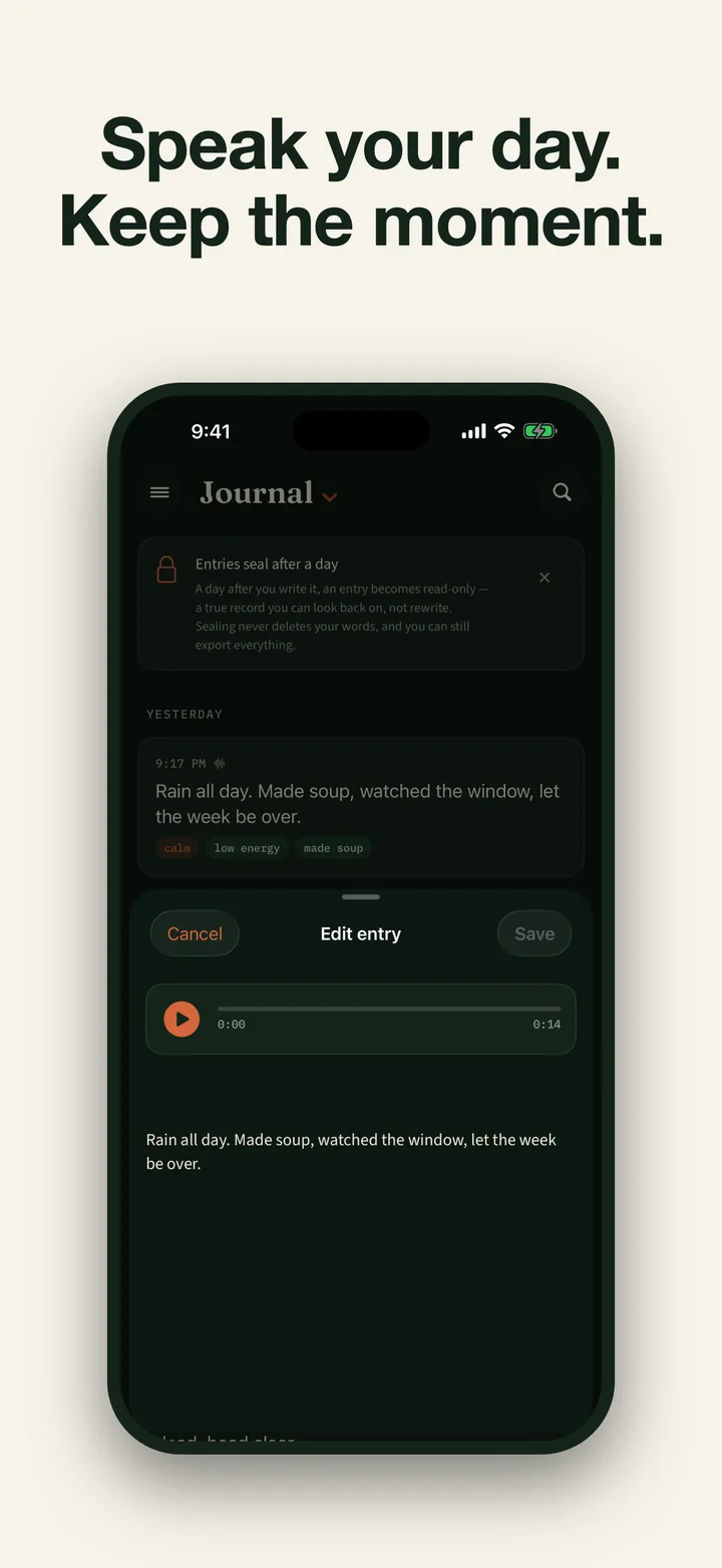 Daily Vibe voice journal entry with local audio playback and transcript editing