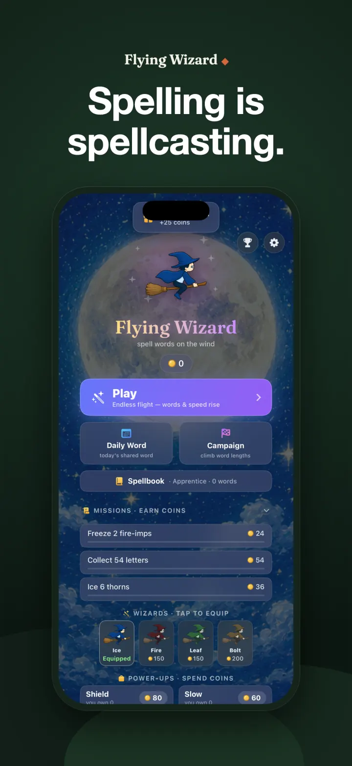 Flying Wizard home screen with spelling flights, daily words, missions, and wizard choices