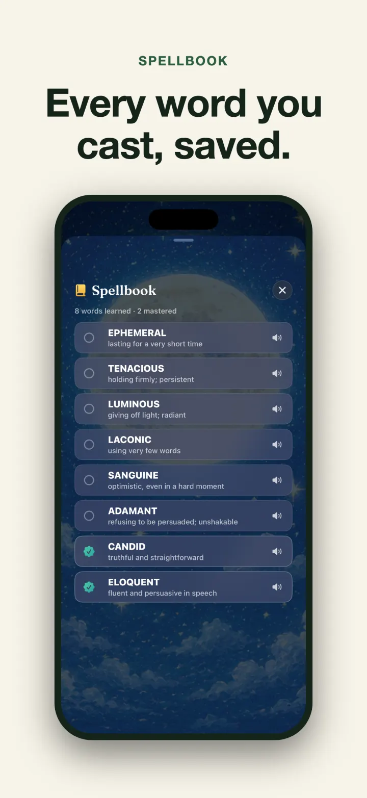Flying Wizard spellbook listing learned vocabulary with definitions and pronunciation