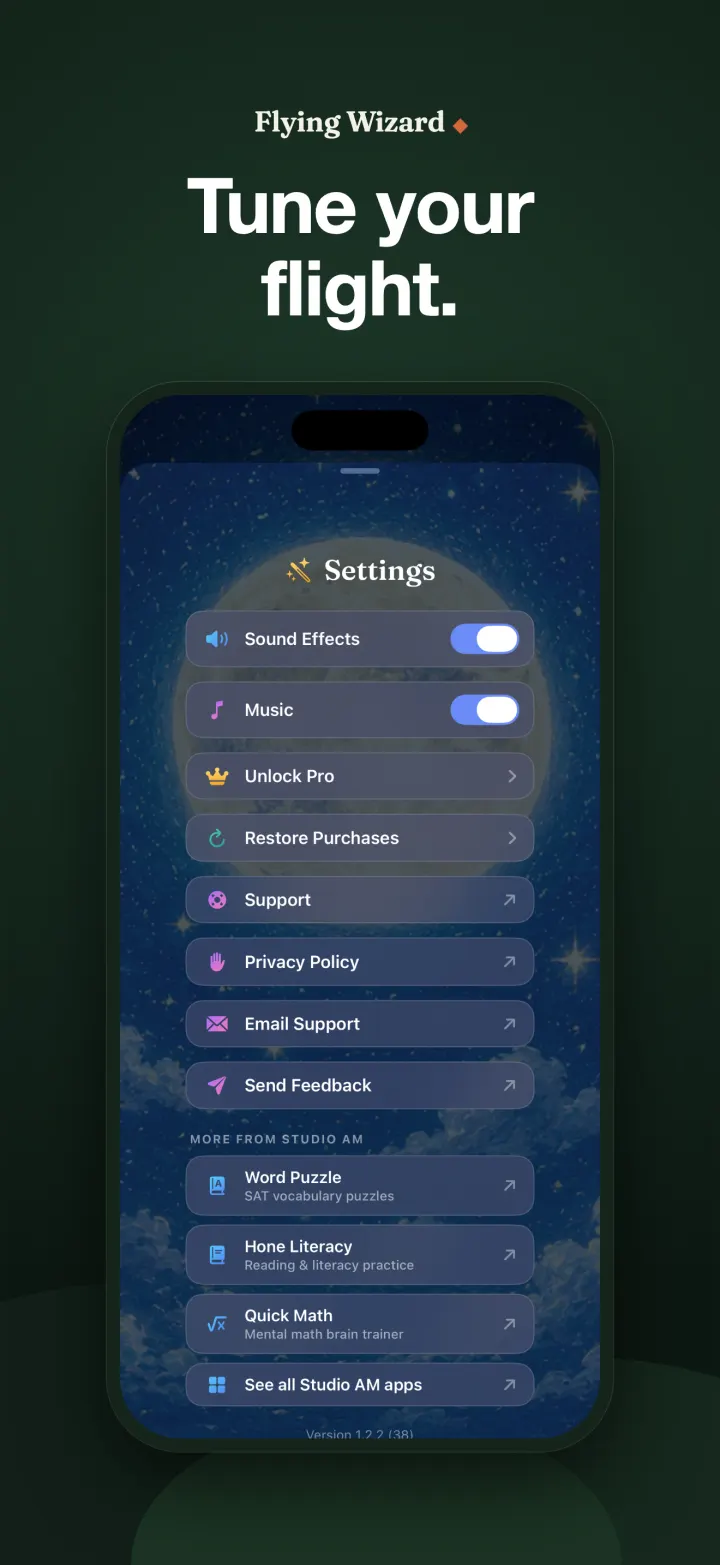 Flying Wizard settings for sound, purchases, privacy, support, and related learning apps