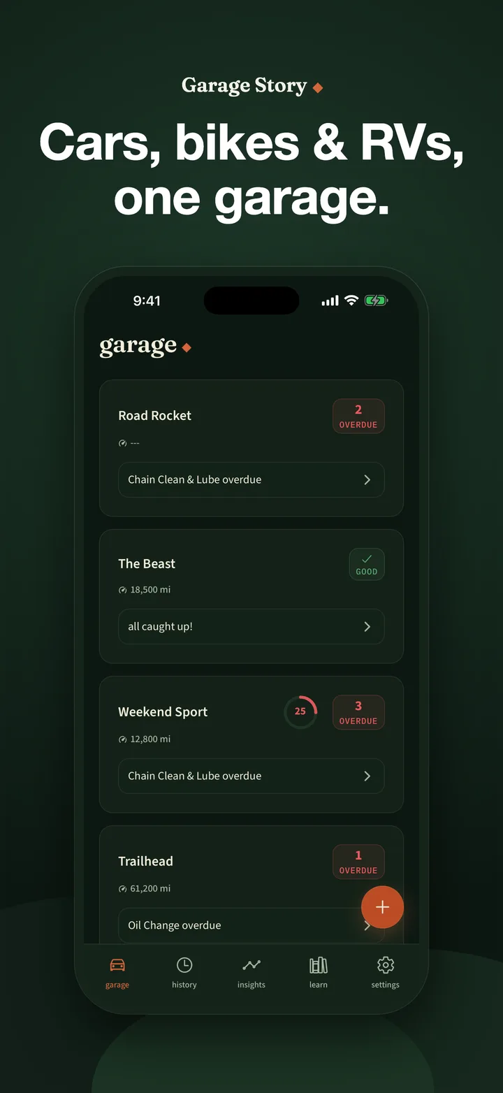 Garage Story dashboard with service status and overdue work for cars, bikes, and RVs