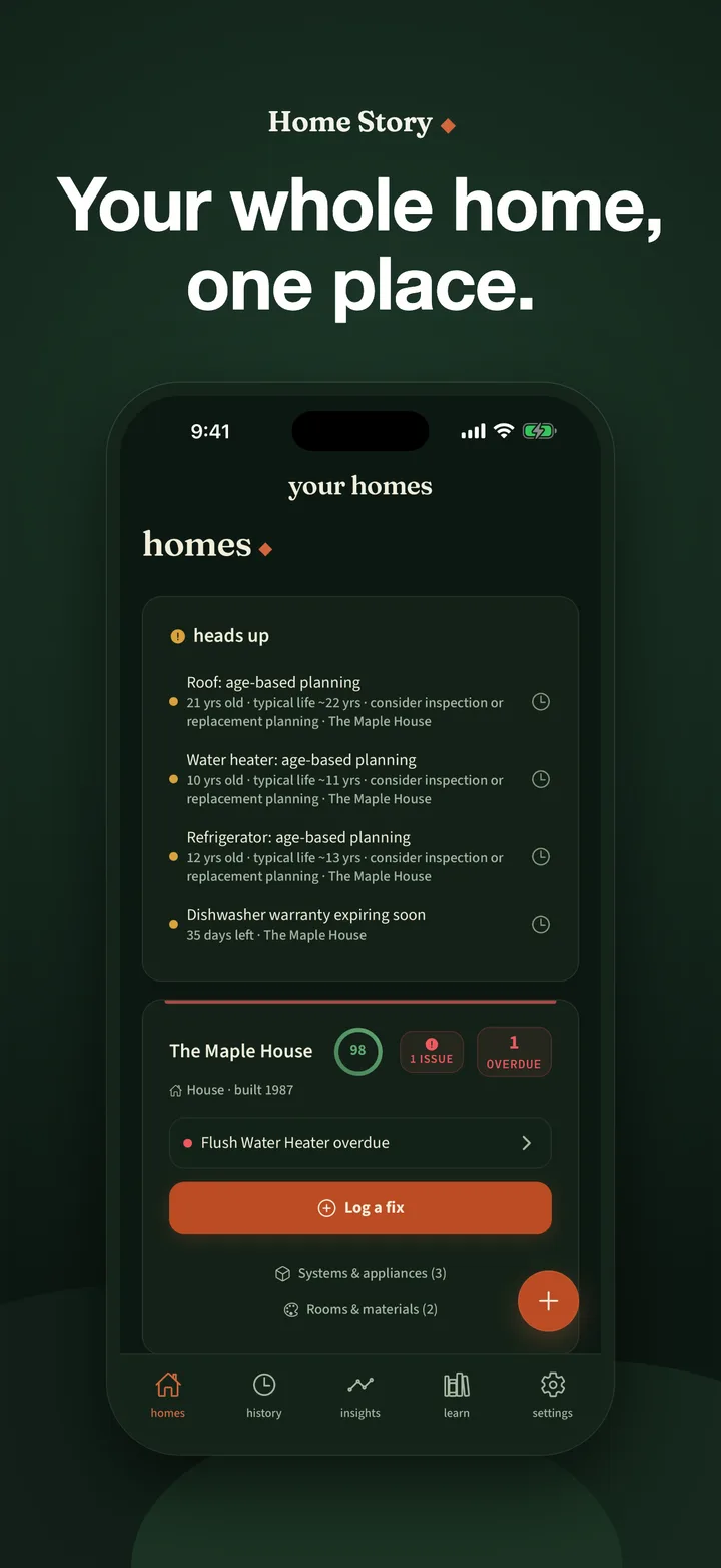 Home Story dashboard showing two homes, aging systems, warranties, and overdue work