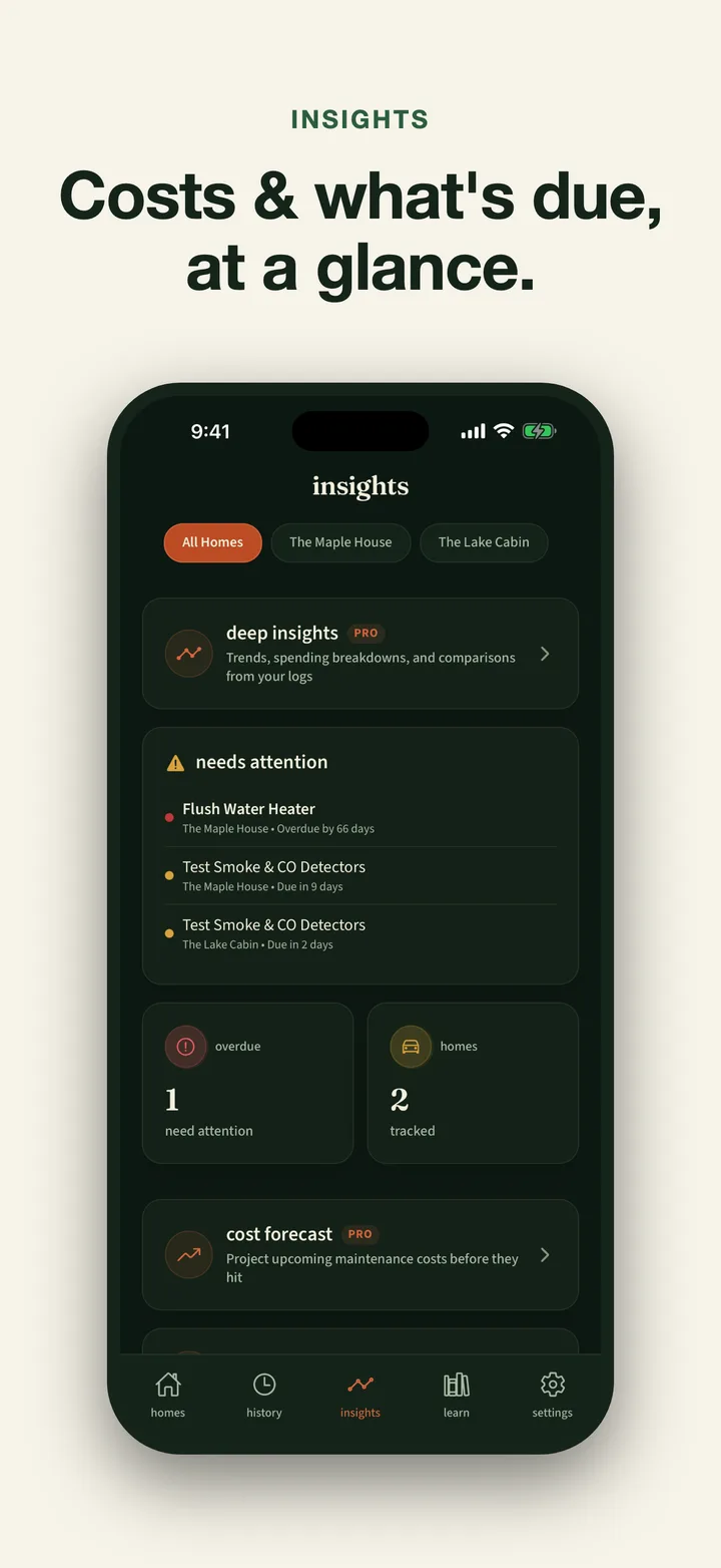 Home Story insights summarizing upcoming maintenance, spending, and homes tracked