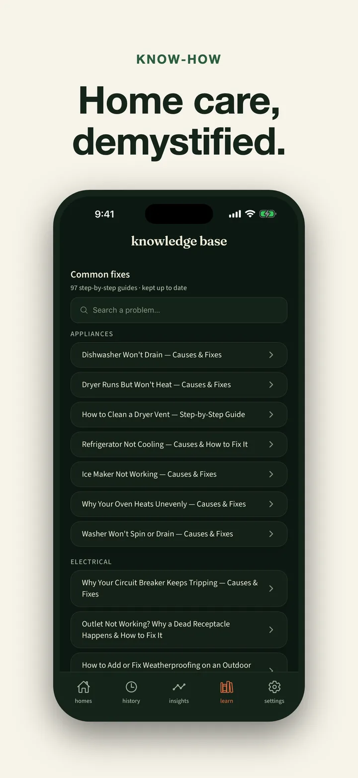 Home Story searchable knowledge base with step-by-step home repair and care guides