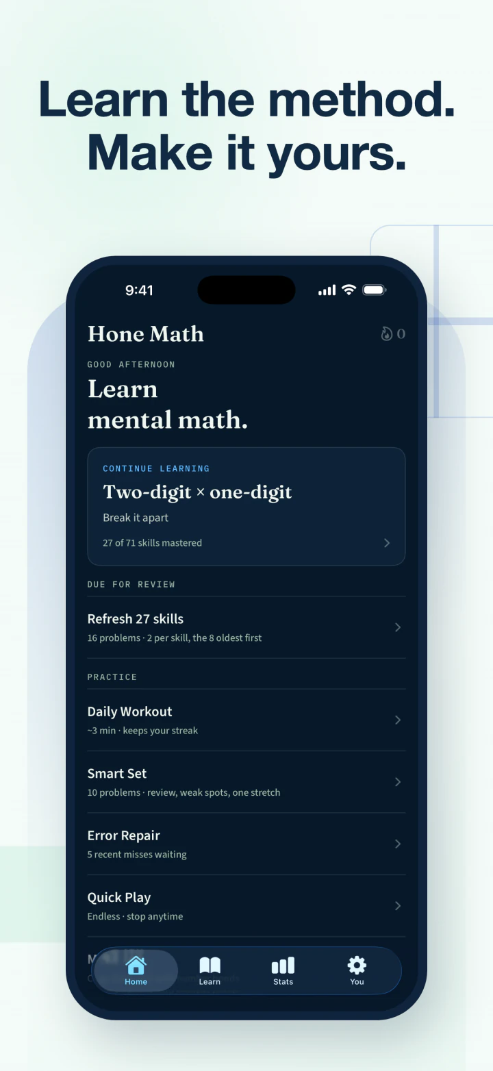 Hone Math home showing course continuation, due-skill Refresh, Daily Workout, Smart Set, and Error Repair
