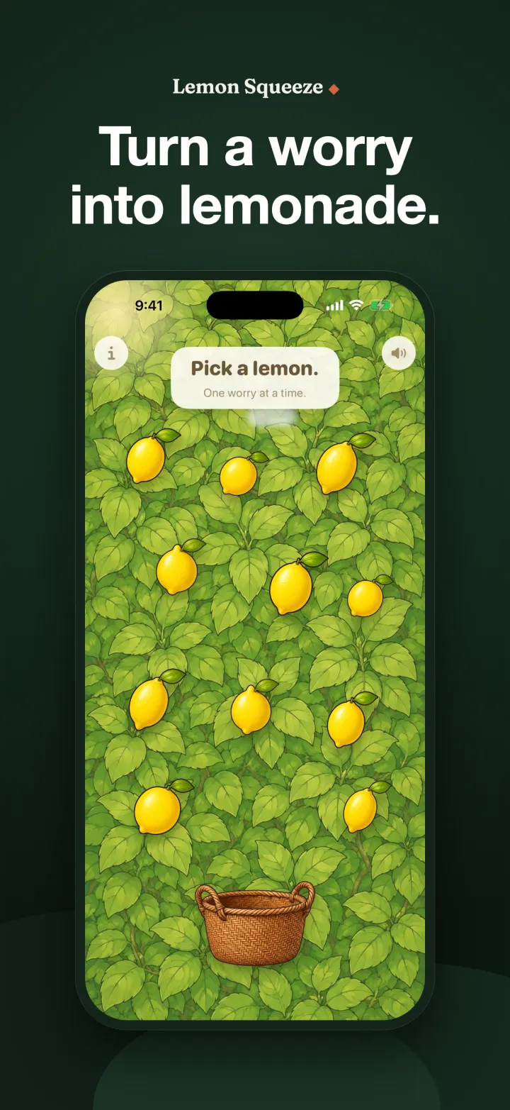 Lemon Squeeze opening screen inviting the user to pick a lemon for one worry