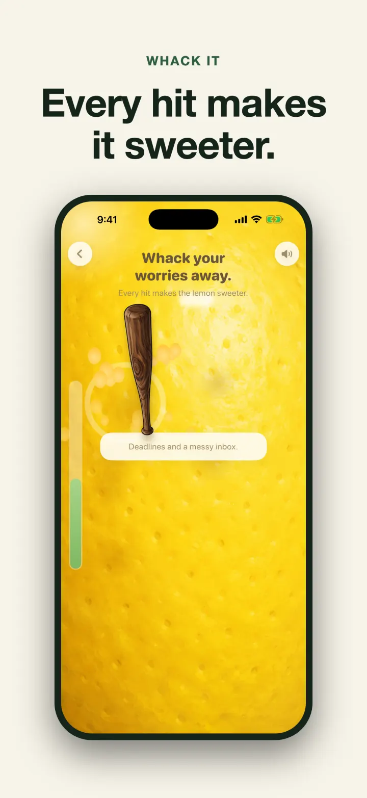 Lemon Squeeze activity for hitting a pictured worry with a wooden bat