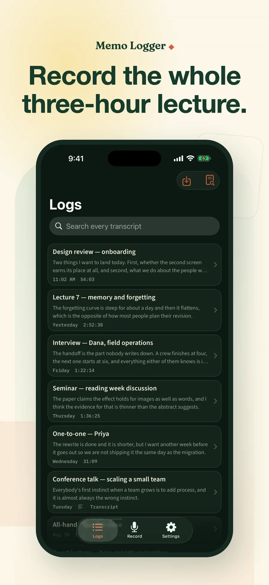The Voice Ledger library, eight logs from a month of lectures, meetings and interviews, one of them two hours fifty-two minutes long