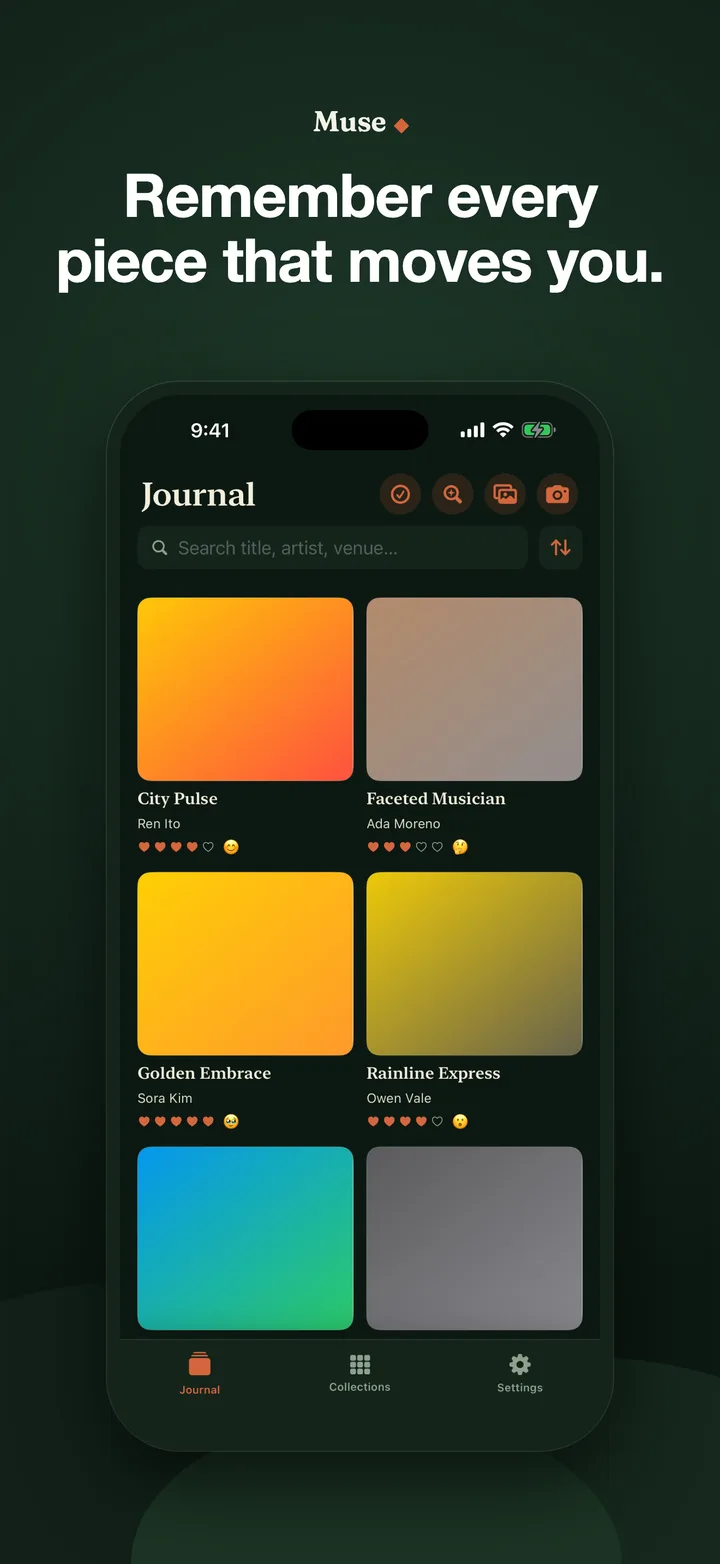 Muse art journal with saved works, ratings, colors, and searchable details