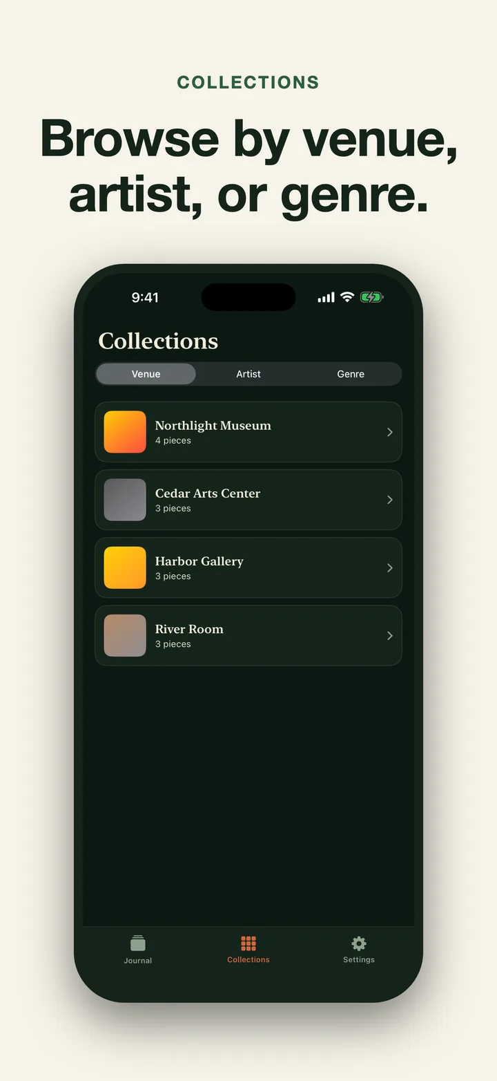 Muse collections organizing saved art by venue, artist, or genre