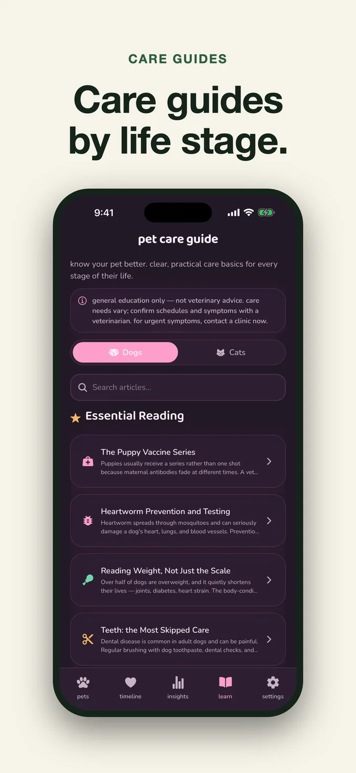 Pet Story care guide organized by dog, cat, and life stage