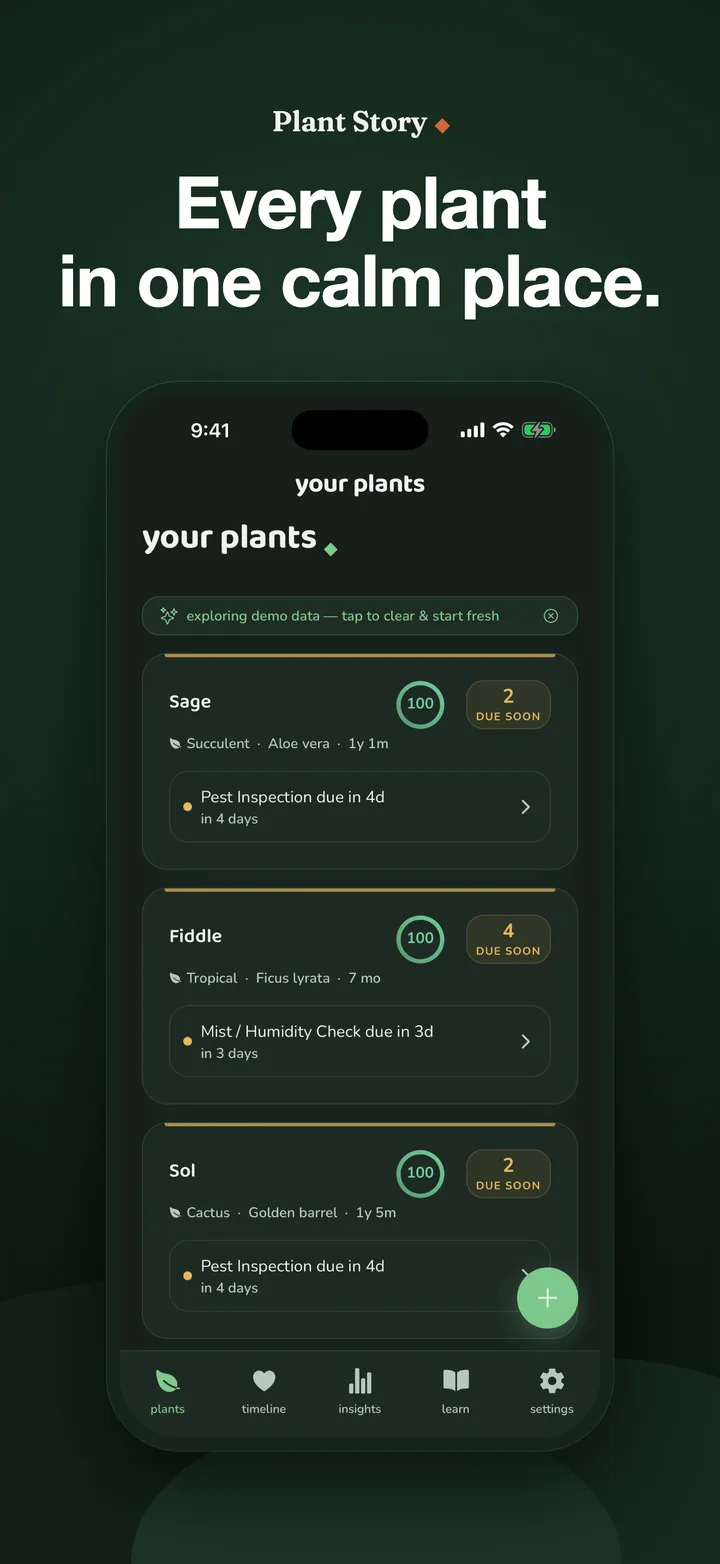 Plant Story dashboard with health scores, care tasks, and reminders for household plants
