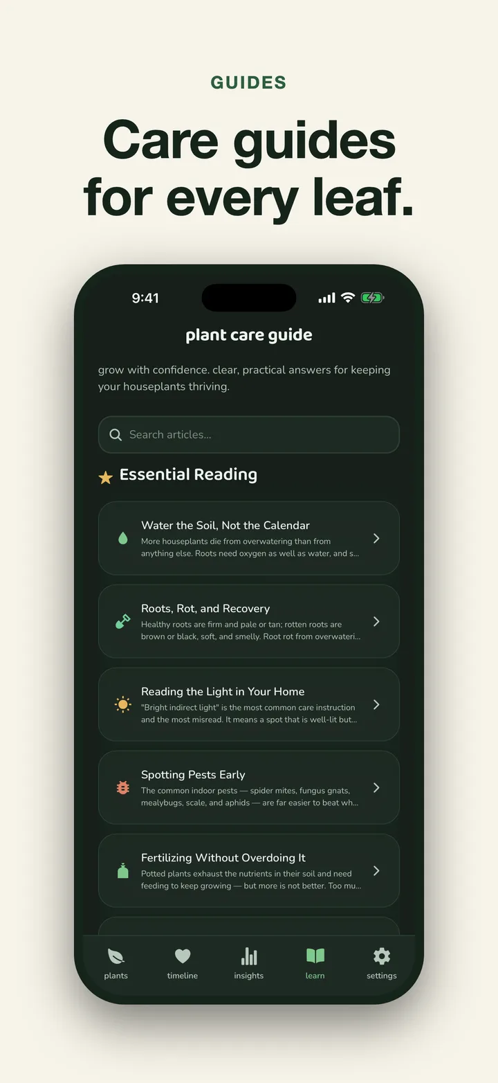 Plant Story searchable care guide covering light, watering, soil, pests, and fertilizer