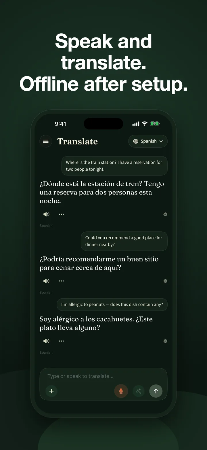 Pocket Lingo translating a spoken restaurant conversation between Spanish and English