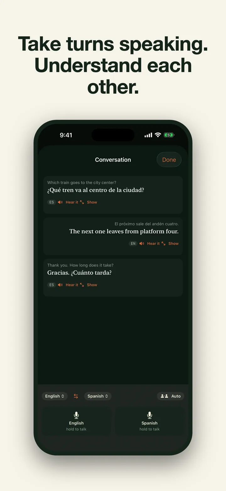 Pocket Lingo conversation mode helping two people take turns speaking different languages