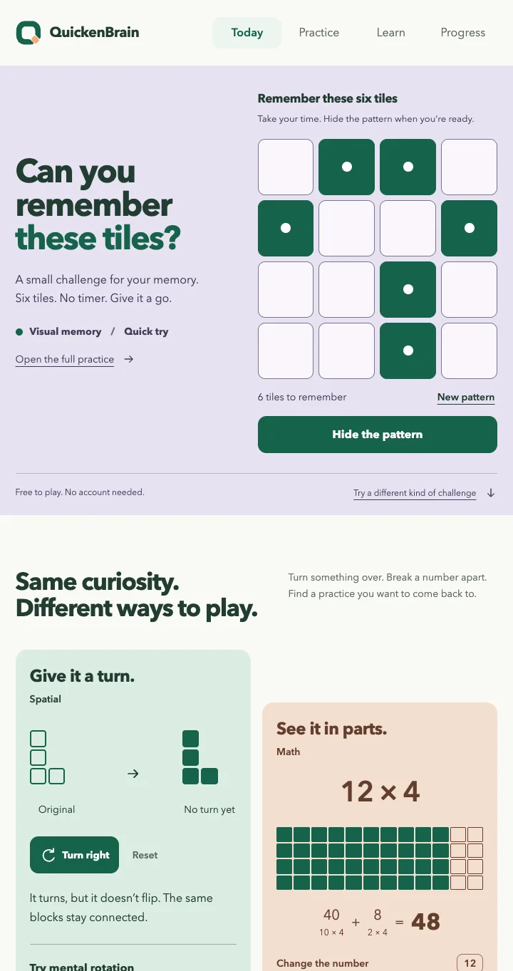 QuickenBrain home page with a six-tile visual memory challenge ready to play