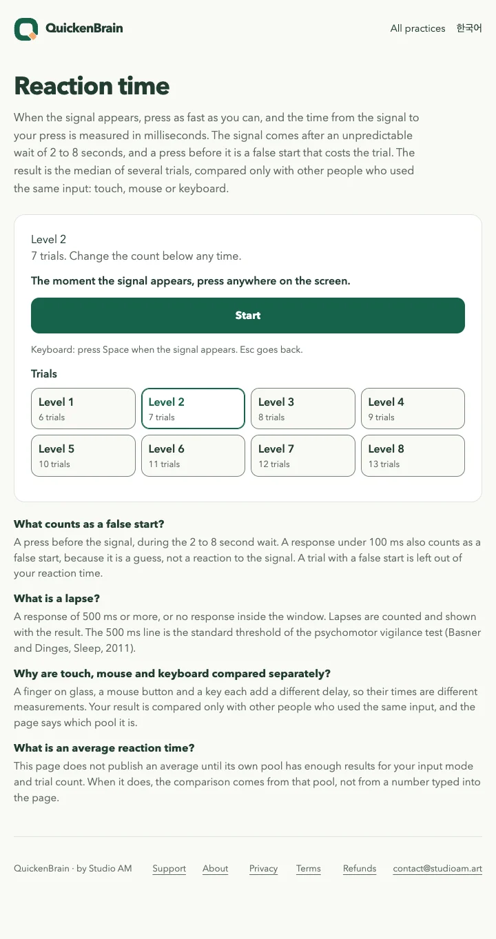 QuickenBrain reaction time test page with the level picker and the start button