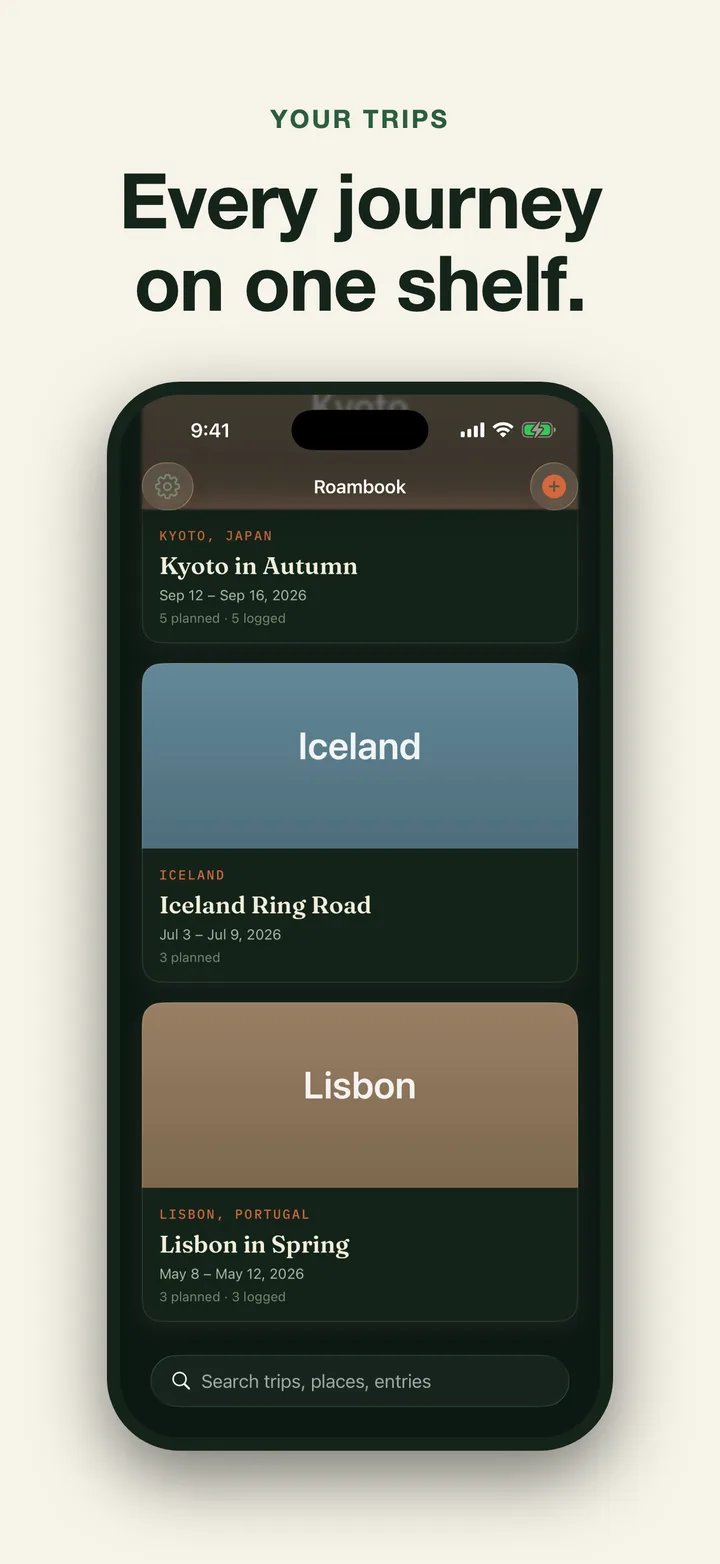Roambook trip library with journeys to Kyoto, Iceland, and Lisbon