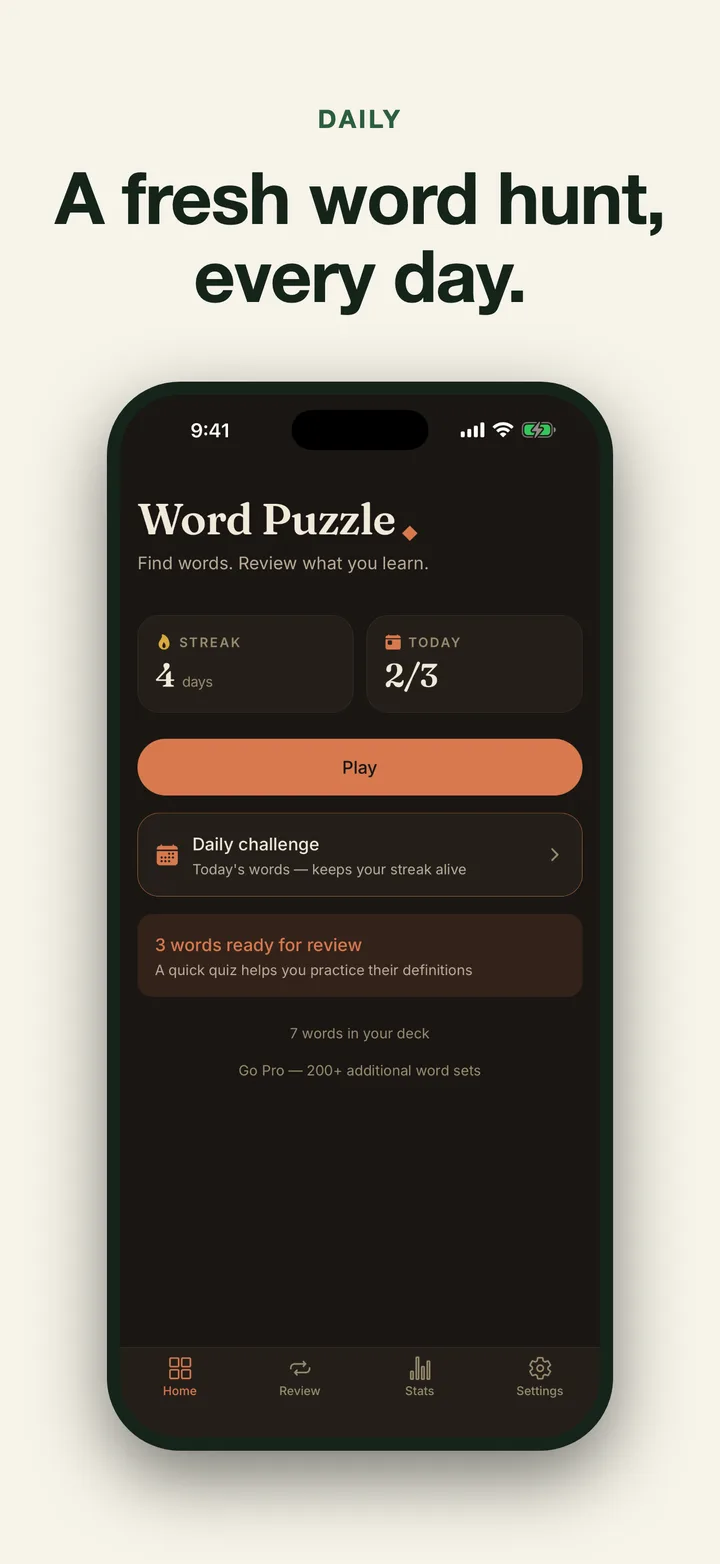 Word Puzzle home screen with a daily challenge, streak, and words ready to review