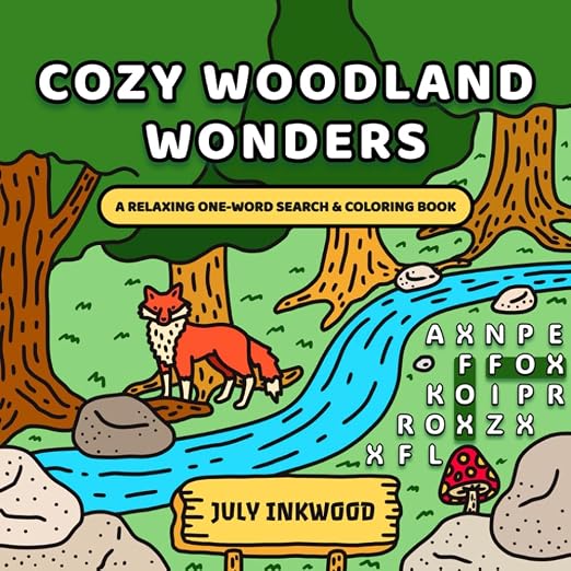 Cover of Cozy Woodland Wonders, a woodland-themed word search and coloring book